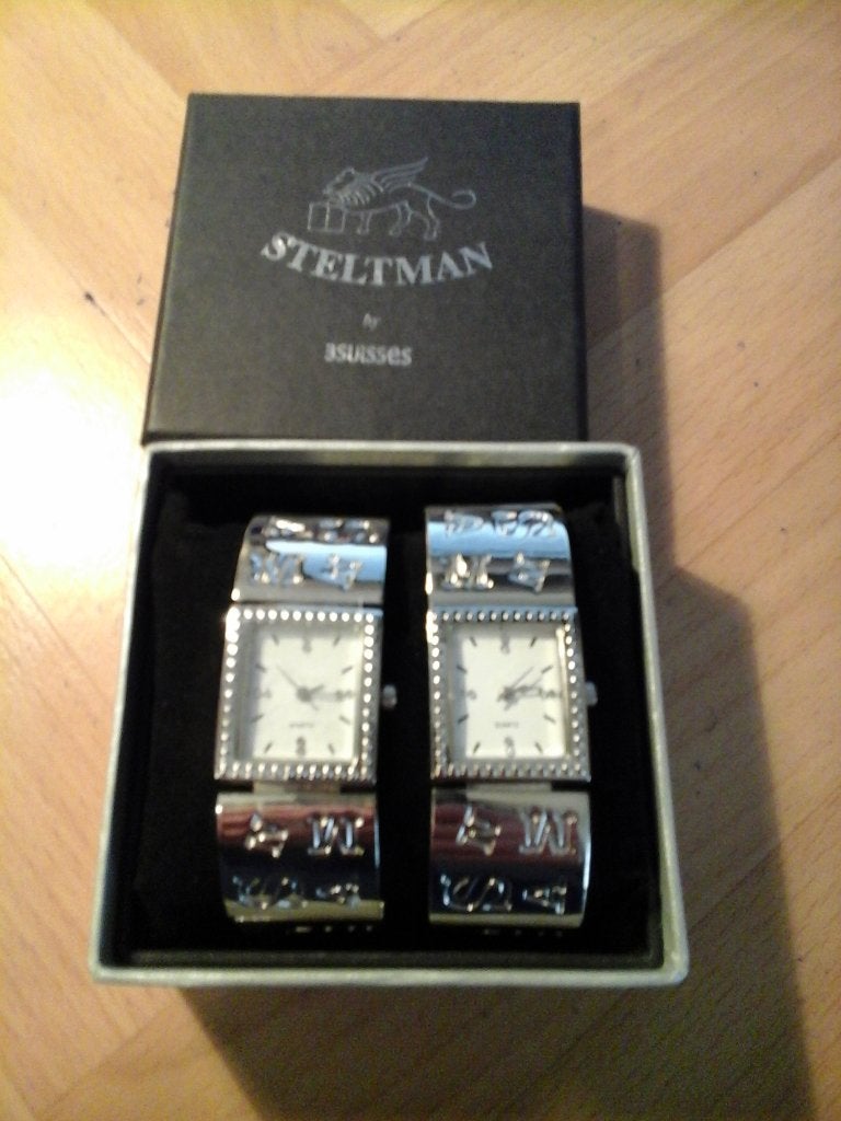 2 stalen verzilverde horloges steltman in doos, Handtassen en Accessoires, Overige merken, Staal, Staal, Polshorloge