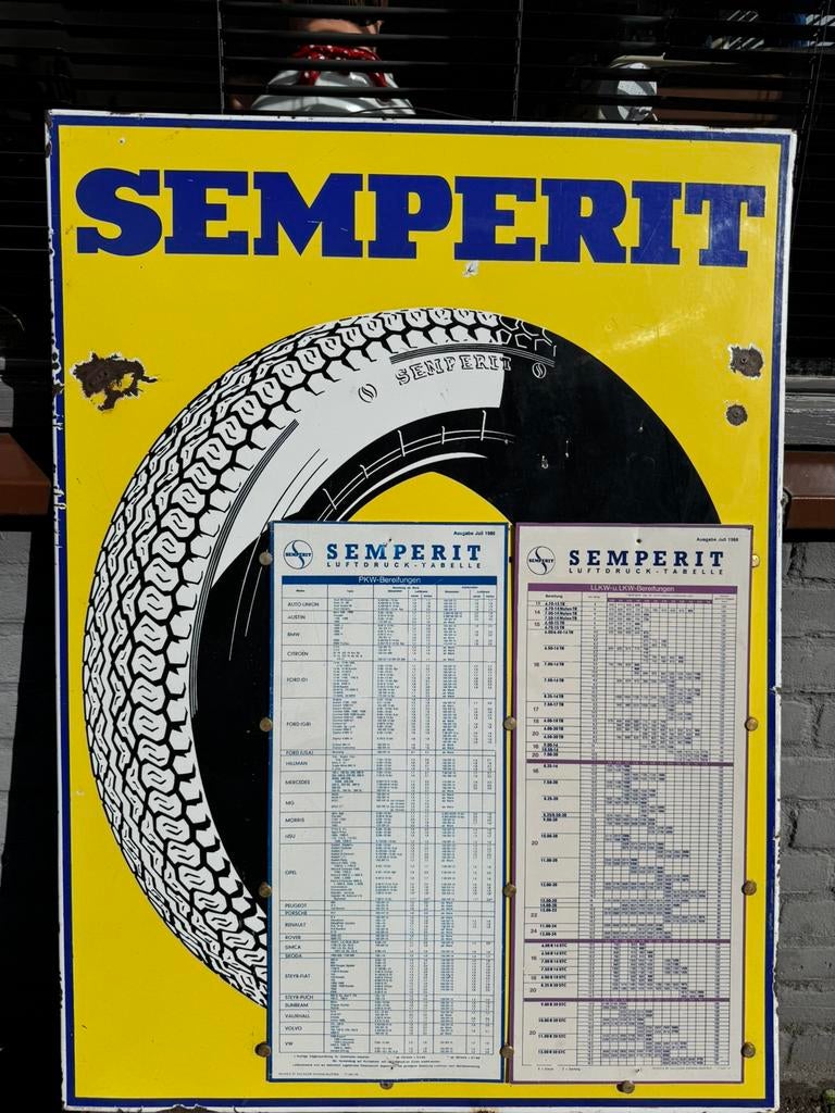 Panneau d'affichage émaillé pour pneus SEMPERIT, Collections, Enlèvement, Utilisé, Panneau publicitaire