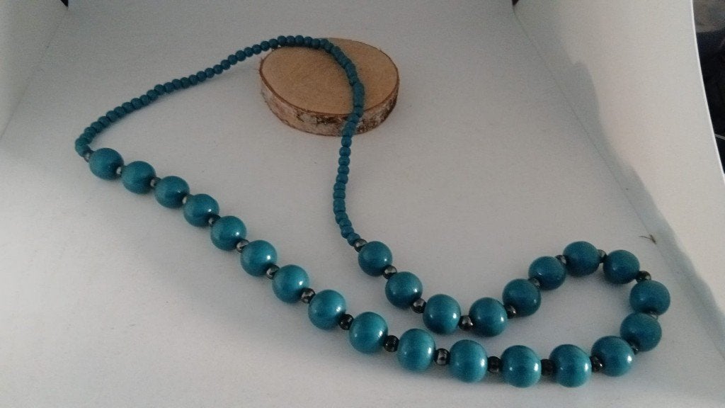 halsketting blauw/grijs, Handtassen en Accessoires, Kettingen, Ophalen, Zo goed als nieuw, Blauw