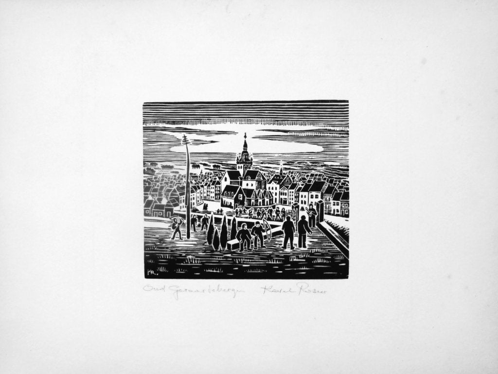 Lithographie signée Karel Rosier" Oud Geraardsbergen" 40x30, Paysages, Édition limitée, Lithographie, Envoi