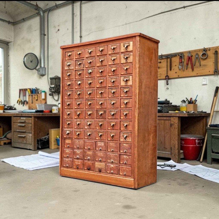 Vintage werkplaatsmeubilair massief eikenhout 72 laden, Huis en Inrichting, Kasten | Overige, Ophalen