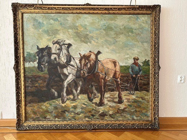 Olieverf schilderij Edmond von Sijben de Maroije, Peinture à l'huile, Enlèvement, Peint à la main, Animaux
