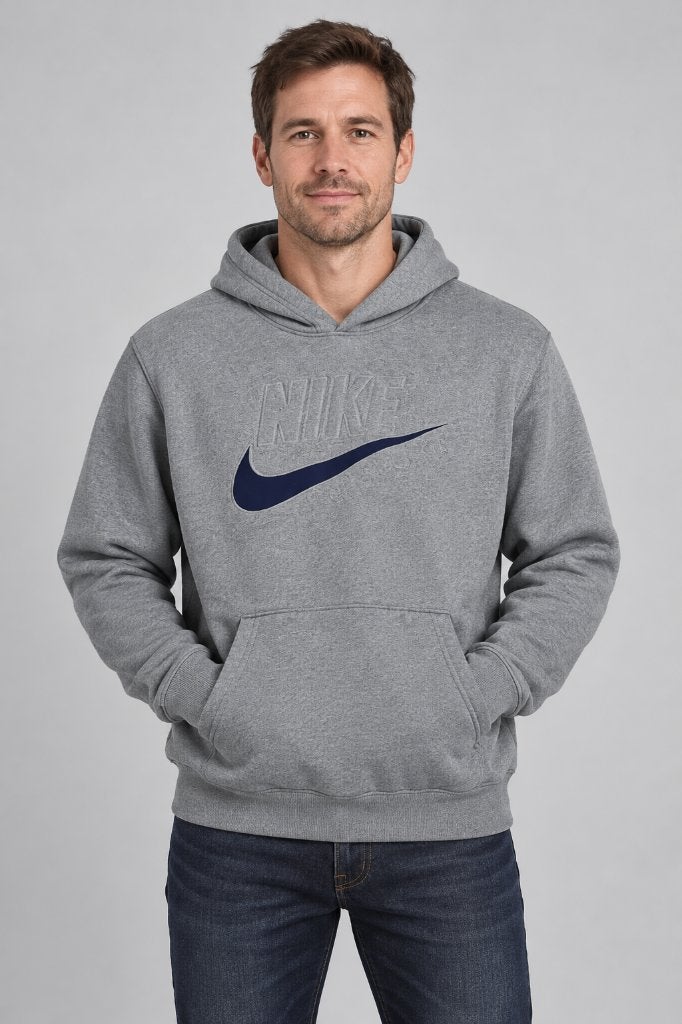 Nike grijze hoodie donkerblauwe swoosh M, Ophalen of Verzenden, Gedragen, Maat 48/50 (M)