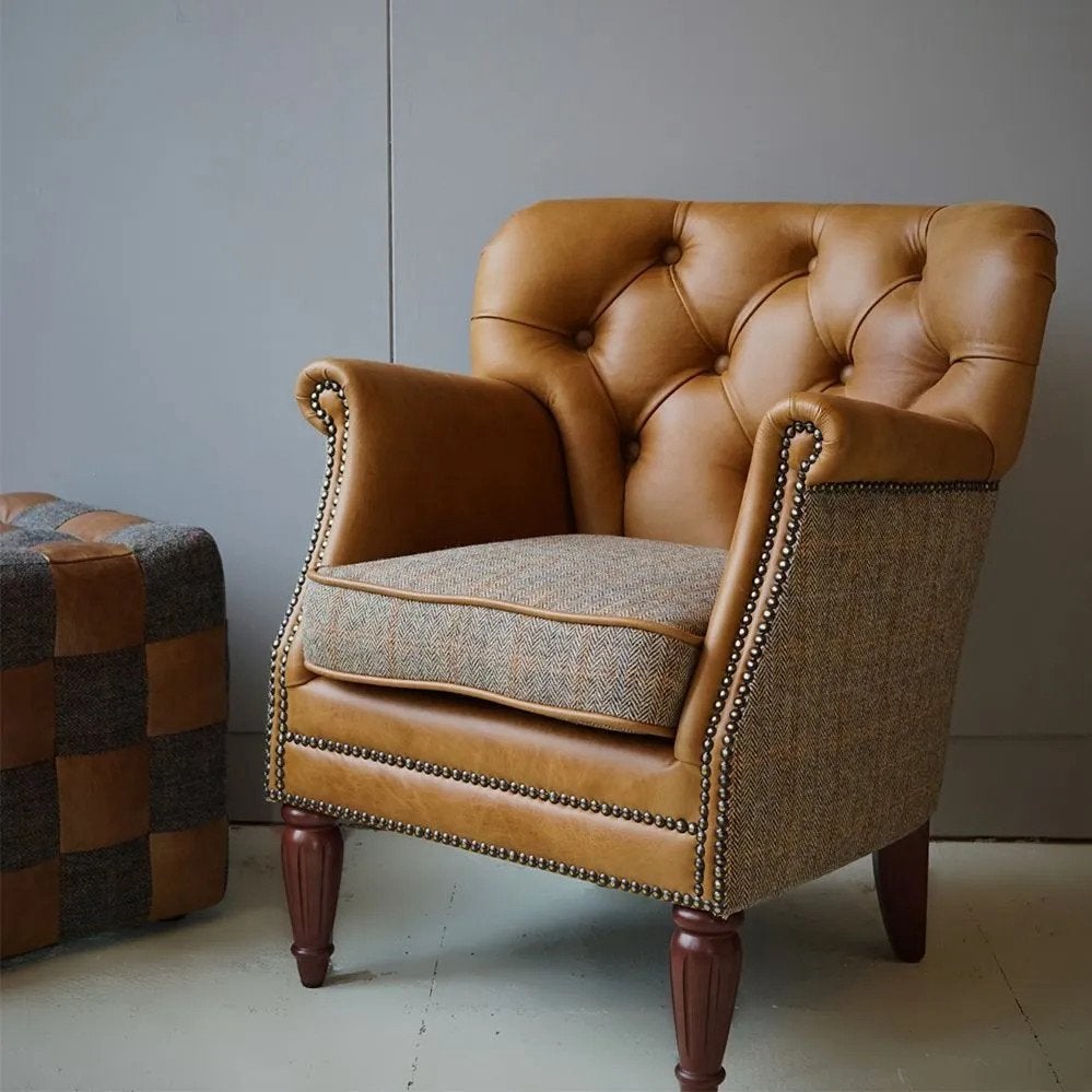 CHESTERFIELD TUB FAUTEUIL TWEED STOF COGNAC LEER HAMPTON, Ophalen of Verzenden, Nieuw, Leer