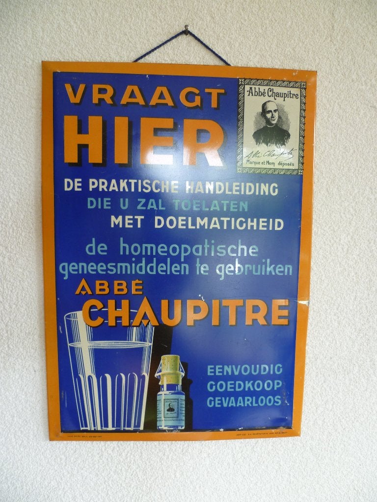 BLIKKEN RECLAME DISPLAY"VRAAGT HIER ABBE CHAUPITRE"UIT 1936, Enlèvement ou Envoi, Utilisé, Panneau publicitaire