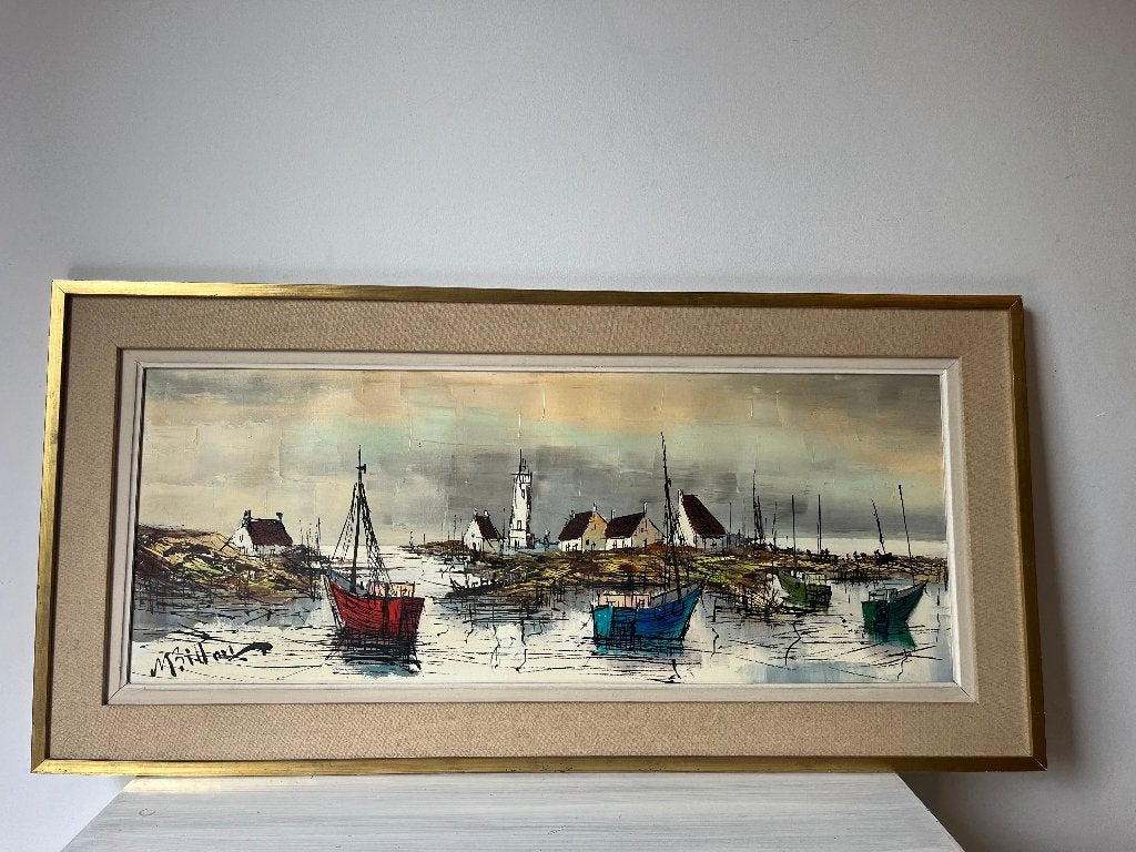 Vintage retro schilderij (olieverf), Antiek en Kunst, Ophalen, Maritiem / water, Doek, Olieverf