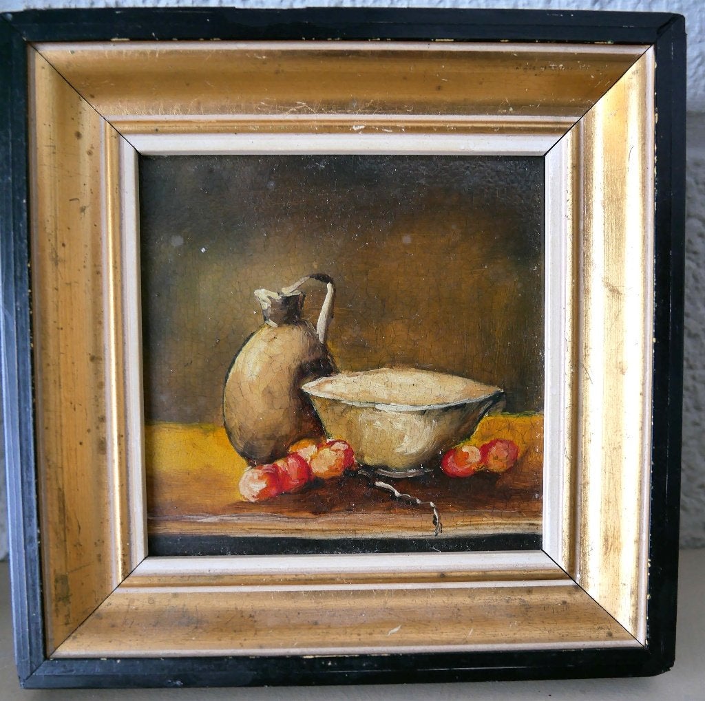 Miniatuurschilderijtje, Antiquités & Art, Enlèvement ou Envoi, Peinture à l'huile, Encadré, Nature morte