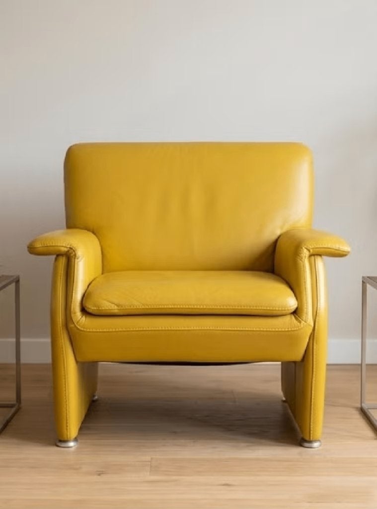 Belgisch design: Lederen Belform fauteuil in warm okergeel, Maison & Meubles, 75 à 100 cm, Comme neuf, Enlèvement, Cuir