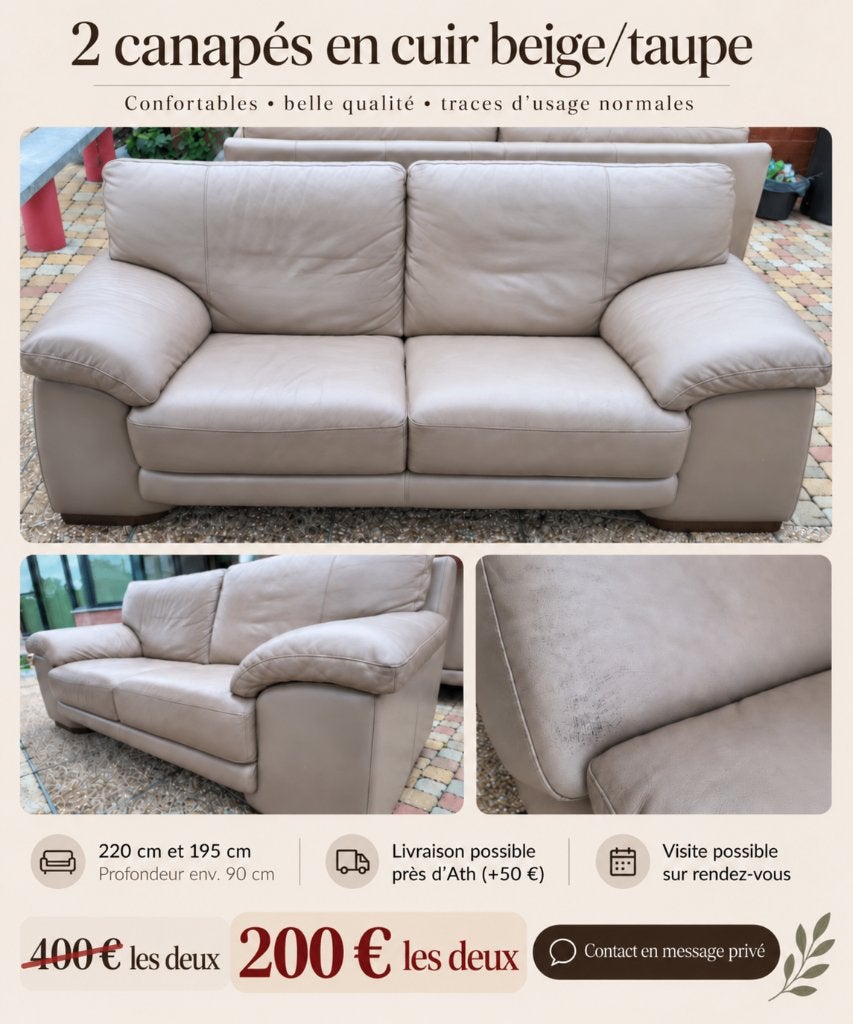 2 canapés en cuir Beige/Taupe, Gebruikt, Driepersoons, Ophalen of Verzenden, Rechte bank