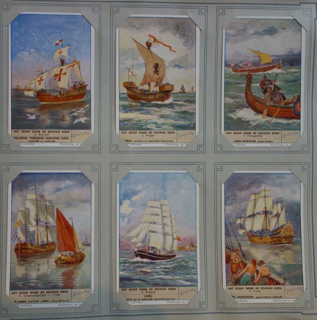 Set Liebig Prenten Het schip door de eeuwen heen (1954)., Enlèvement ou Envoi, Gravure, Comme neuf, 1940 à 1960