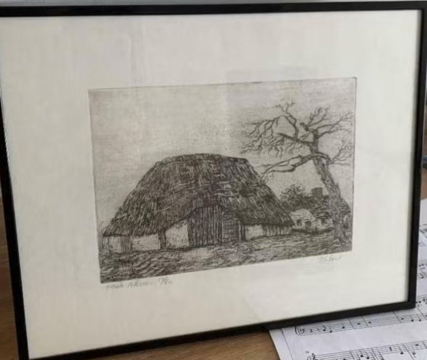 Ets van R. De Smet  'De oude schuur', Antiek en Kunst, Ophalen, Tekening, Achter glas