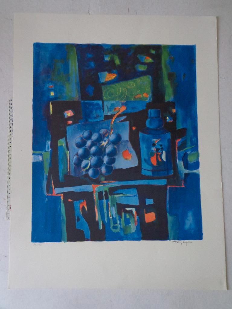 Fraaie kleurenlitho Tony Agostini "Stilleven met druiven", Gesigneerd, Ophalen, Overige onderwerpen, Lithografie