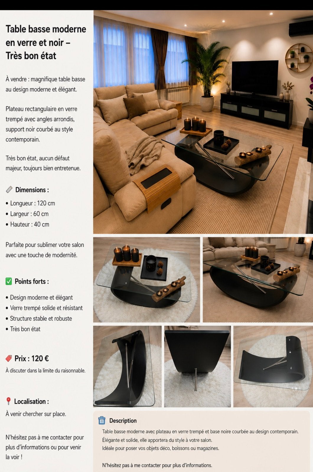 Moderne glazen salontafel met zwart onderstel, Ophalen, Gebruikt, 100 tot 150 cm, 50 tot 100 cm