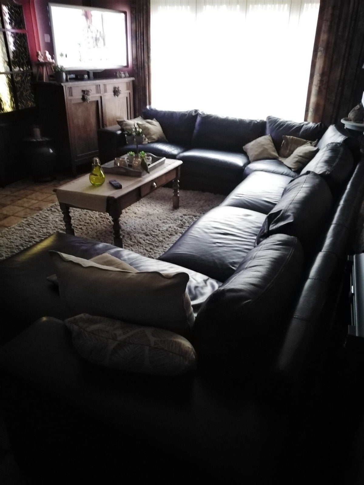Mooie leren zwarte hoekzetel – perfecte staat, Huis en Inrichting, Ophalen, Leer