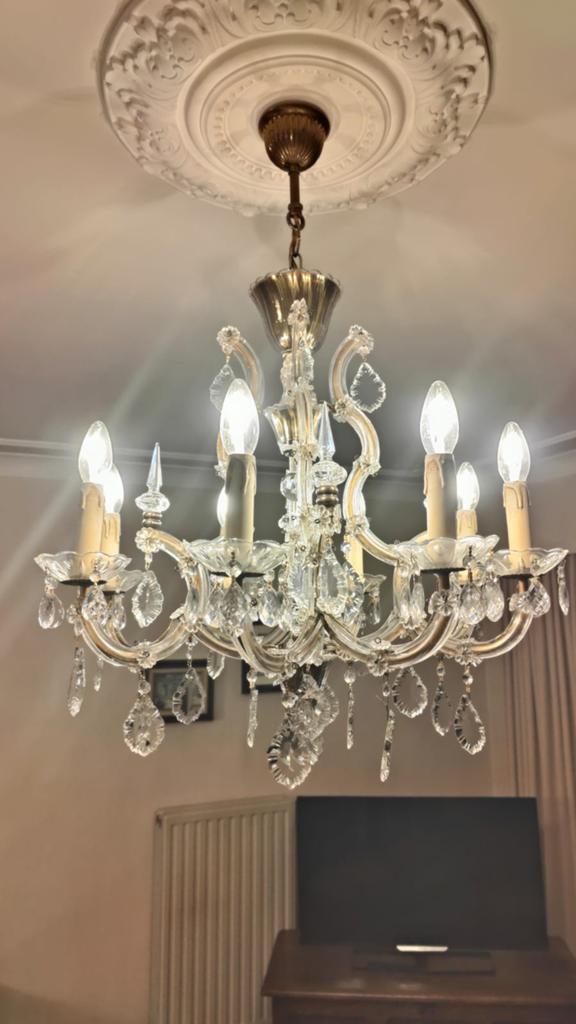 Luster met 8 lichtpunten, Huis en Inrichting, Lampen | Kroonluchters, Ophalen, Gebruikt, Glas