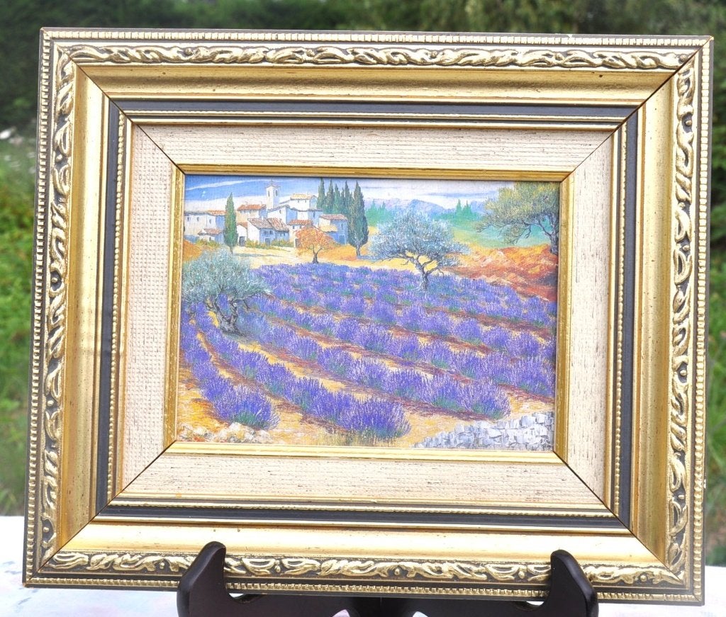 peinture sur toile champs de lavande cadre doré, Enlèvement ou Envoi, Signé, Paysage, Toile