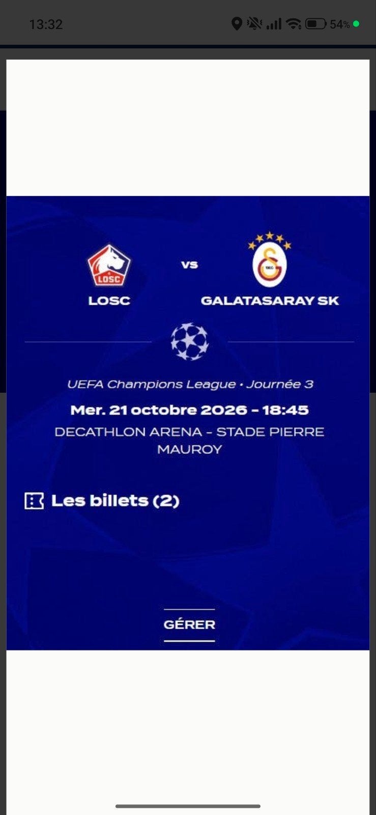 2 billets Losc Galatasaray, Tickets & Billets, Sport | Football