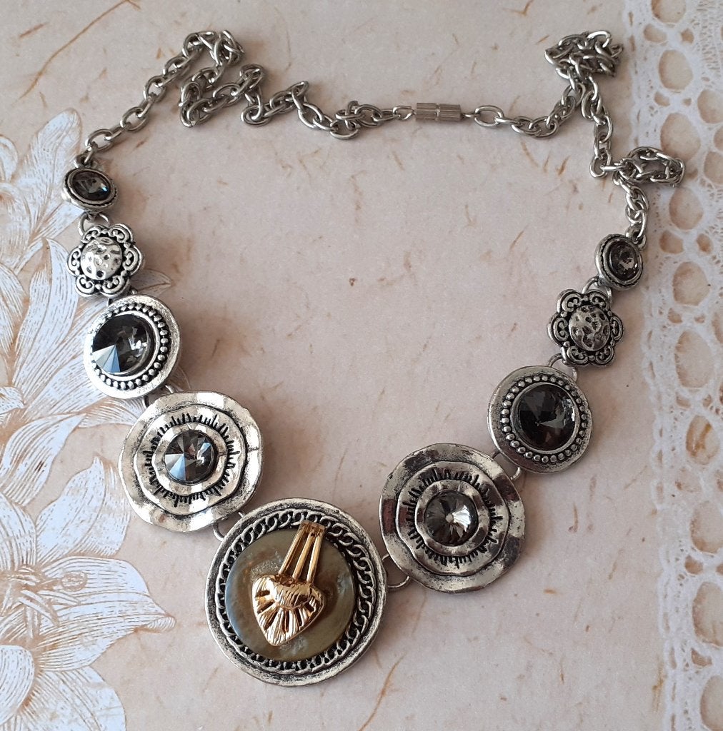 Halsketting vintage zilver met kristalletjes en parelmoer, Overige materialen, Nieuw, Ophalen of Verzenden, Zilver