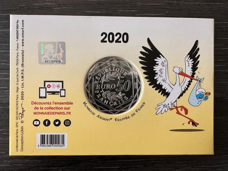 Zilveren munt 50€ smurfen, Postzegels en Munten, Ophalen of Verzenden, Zilver