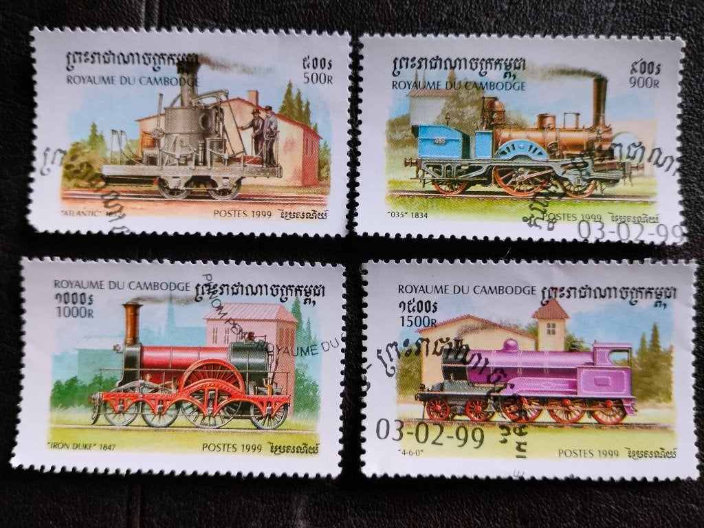 Cambodge 1999 - locomotives à vapeur, trains, chemins de fer, Envoi, Affranchi, Asie du Sud Est