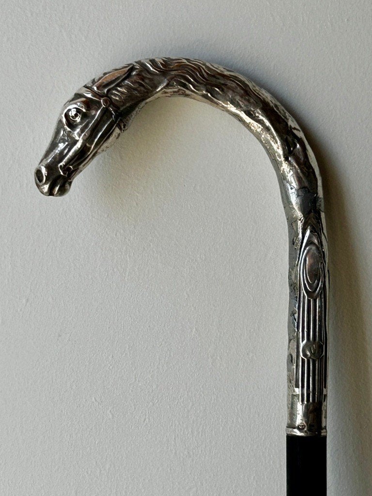 Canne de marche authentique, tête de cheval, argent, XVIIIe, Antiquités & Art, Enlèvement ou Envoi, Argent