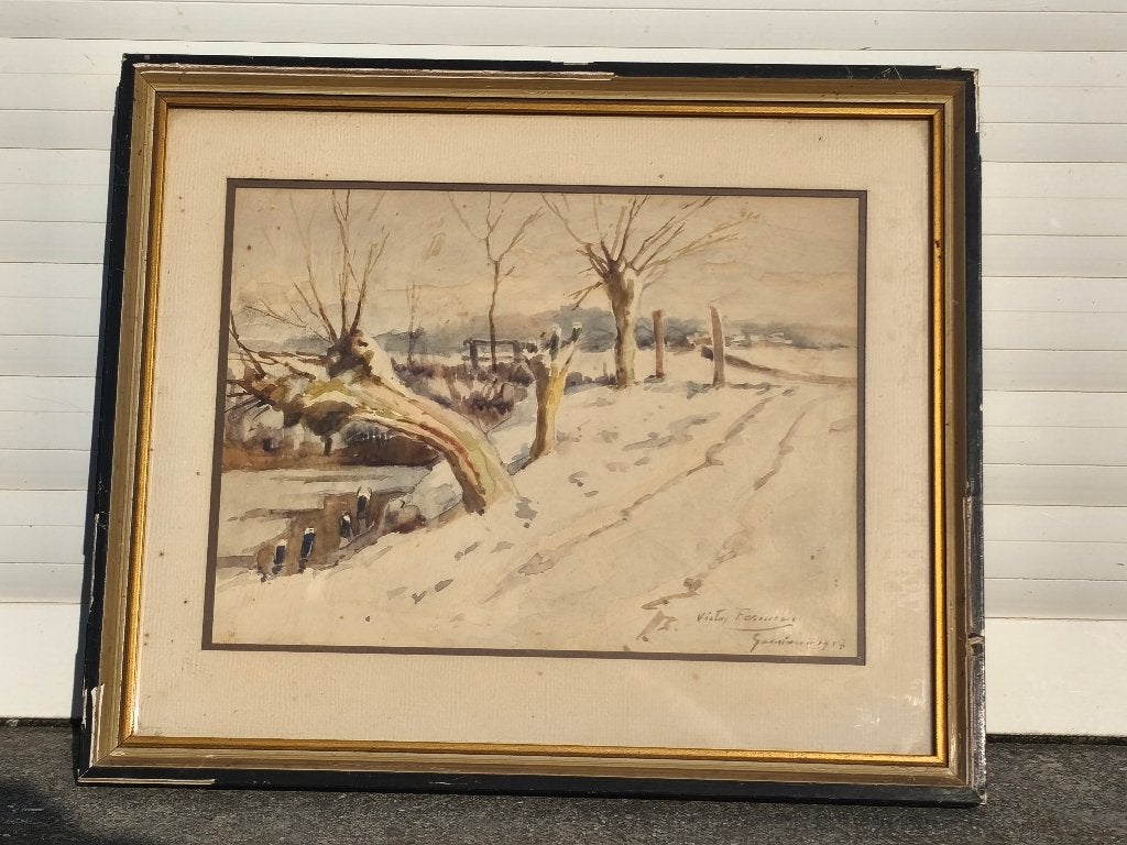 Aquarelle paysage enneigé signe victor fermeuse, Antiek en Kunst, Kunst | Schilderijen | Klassiek, Ophalen of Verzenden, Aquarel