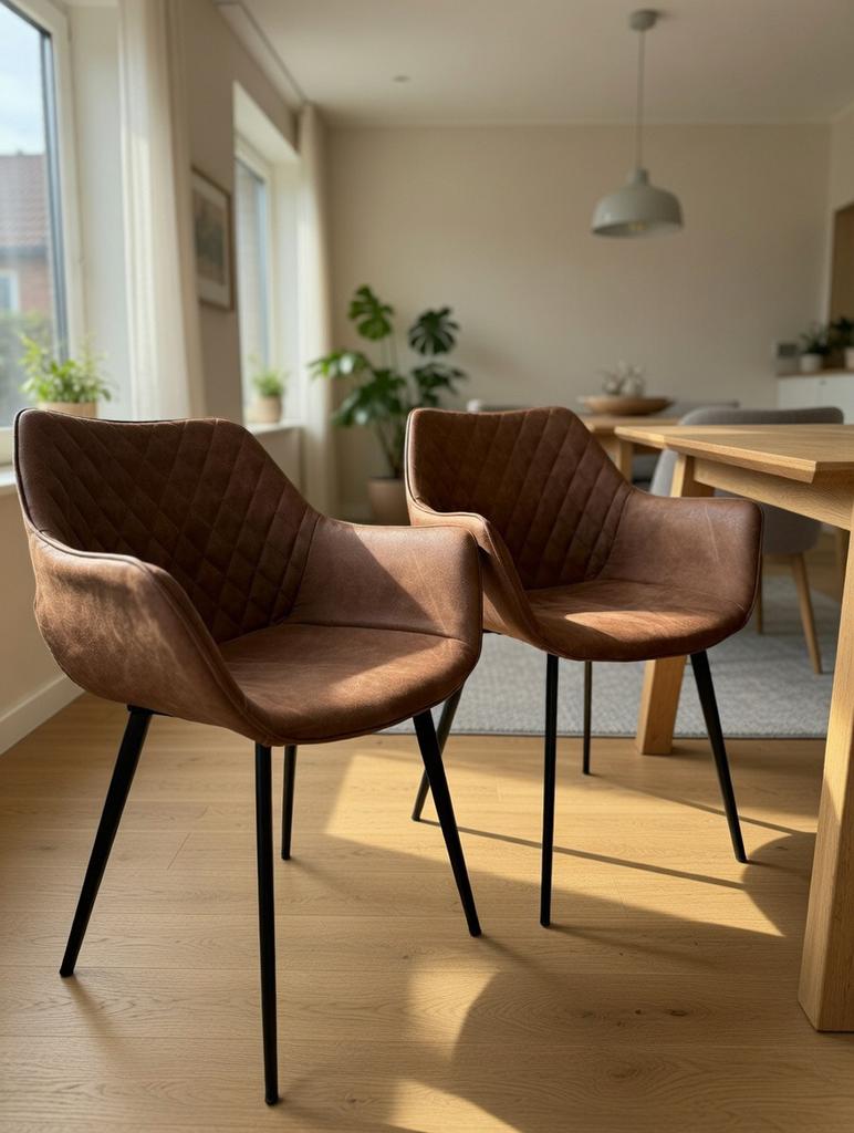 2 design eetkamerstoelen bruin – vintage look, Huis en Inrichting, Stoelen, Ophalen, Twee, Bruin, Zo goed als nieuw