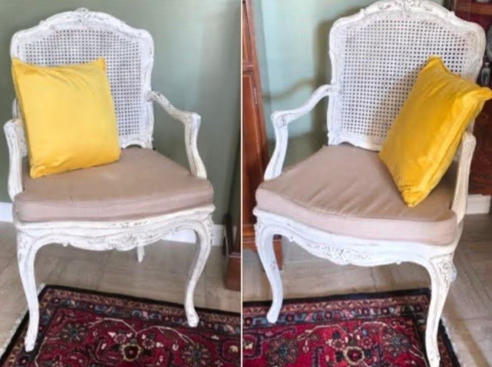 2 chaises/sièges français avec coussins., Enlèvement, Comme neuf, Bois, Deux