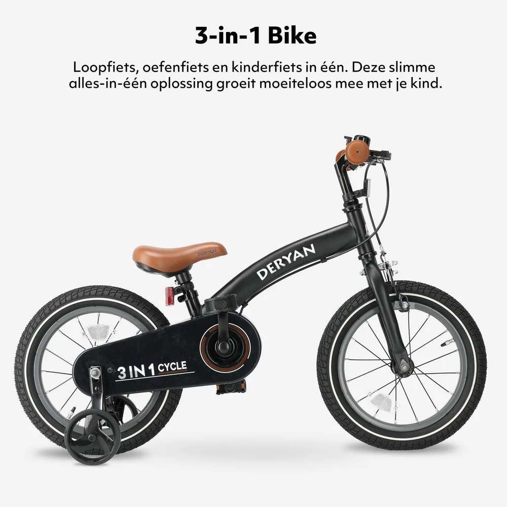 DERYAN 3-in-1 Kinderfiets 14 inch – Loopfiets en Fiets Zwart, Zijwieltjes, Deryan, Velgrem, Ophalen of Verzenden