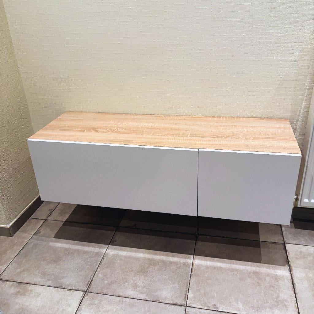 Modern zwevend tv-meubel – wit/hout – strak design, Huis en Inrichting, Kasten |Televisiemeubels, Ophalen, Gebruikt, 100 tot 150 cm