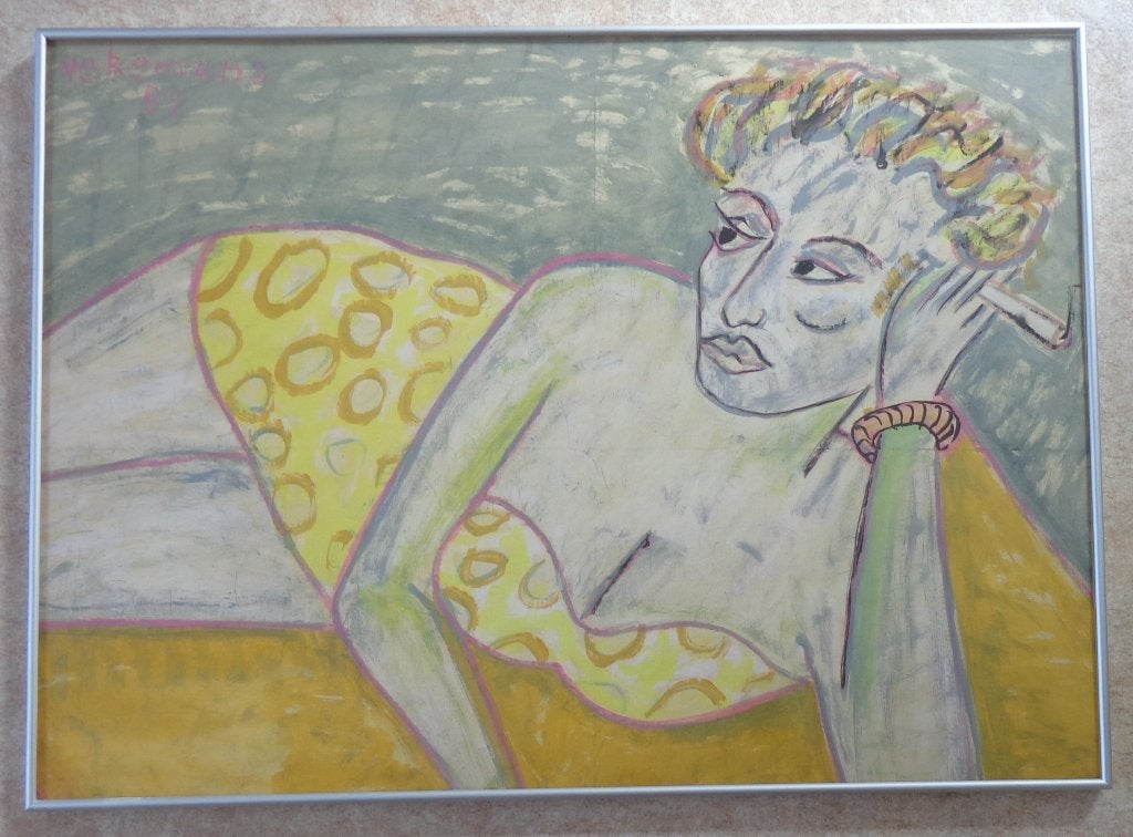 BRUNO VEKEMANS / LIGGENDE VROUW / ORIGINEEL / 67x91cm KADER, Antiek en Kunst, Ophalen, Achter glas, Figuren, Glas