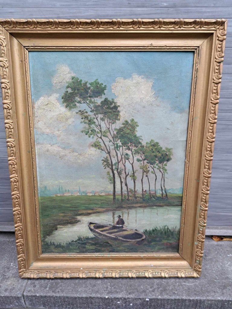 huile sur toile pecheur signe F verhurt, Ophalen of Verzenden, Doek