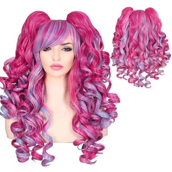 Multi color pruik lang haar met krullen + 2 staarten op klem, Verzenden, Nieuw