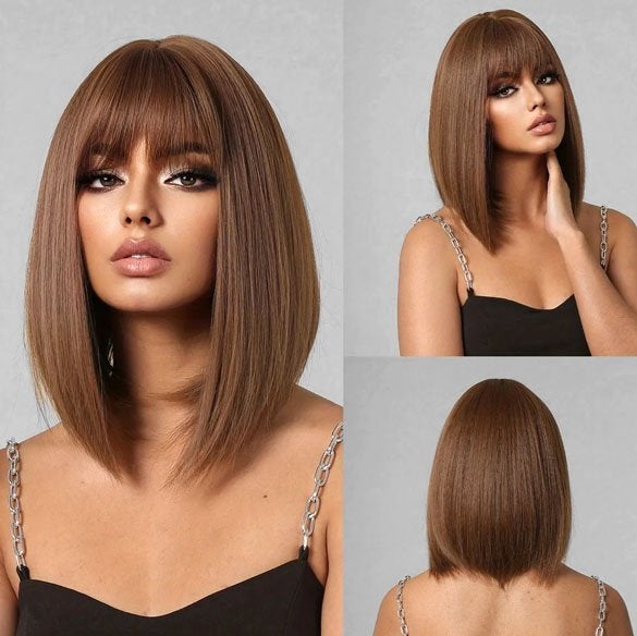 Pruik kort bob model met steil haar lichtbruin Maddy, Ophalen of Verzenden, Nieuw