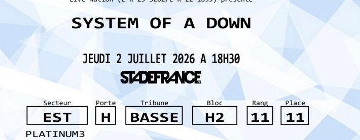 Système of a down SOAD, Tickets & Billets, Deux personnes, Juillet, Hard Rock ou Metal