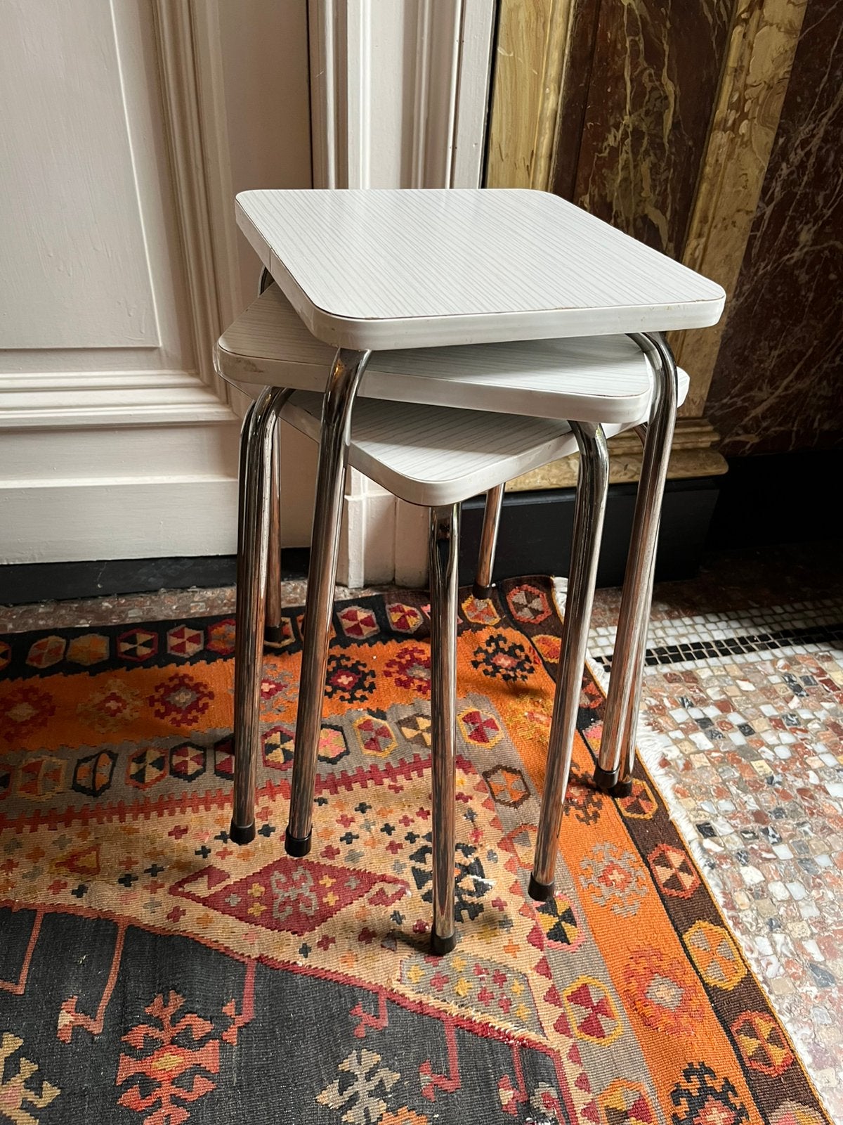 VINTAGE RETRO KRUK KRUKJE CHROOM FORMICA ZGSTAAT 3 STUKS, Huis en Inrichting, Ophalen of Verzenden, Zo goed als nieuw, Overige materialen