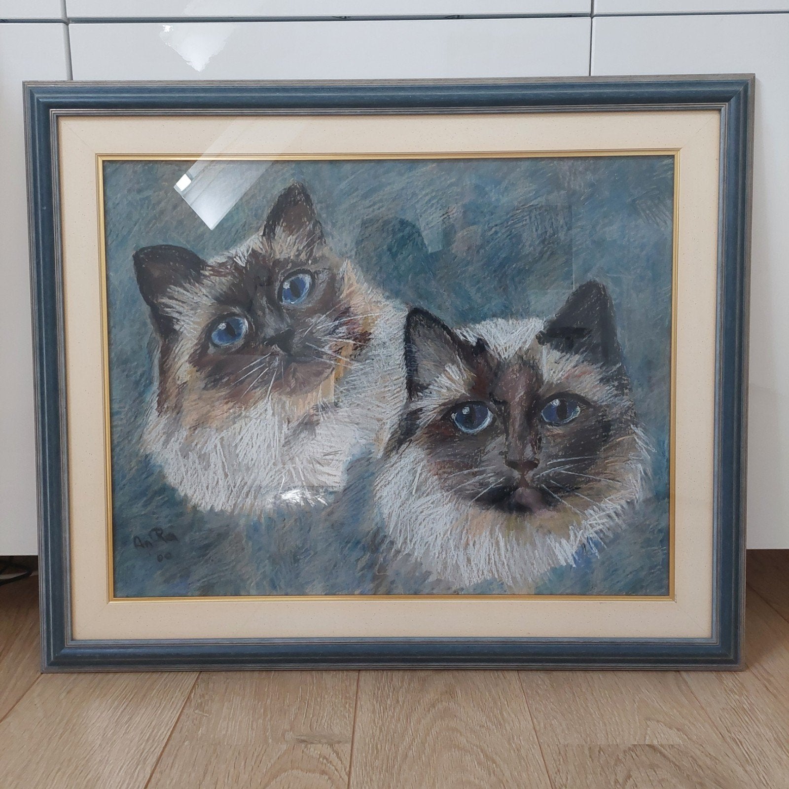 Originele pastel krijttekening, geen afdruk, kader met glas., Antiek en Kunst, Ophalen