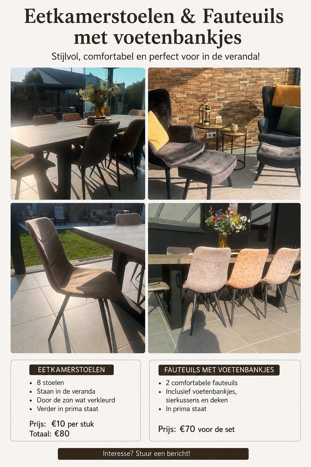Eetkamerstoelen & Fauteuils met Voetbankjes, Huis en Inrichting, Stoelen, Gebruikt, Stof, Ophalen