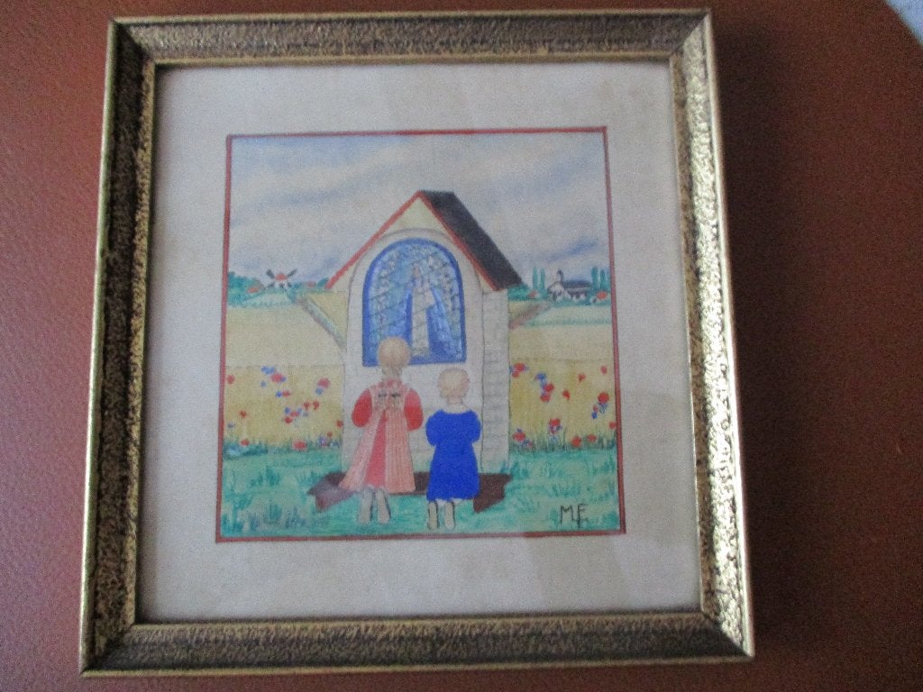 ingekleurde pentekening met aquarel in kader, Antiek en Kunst, Ophalen of Verzenden, Tekening, Pentekening, Achter glas