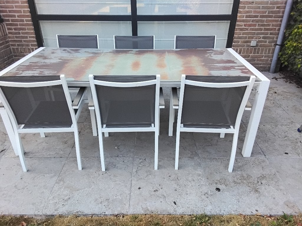 Tuintafel met 6 stoelen’, Tuin en Terras, Tuintafels, Ophalen, Gebruikt, Rechthoekig, Aluminium