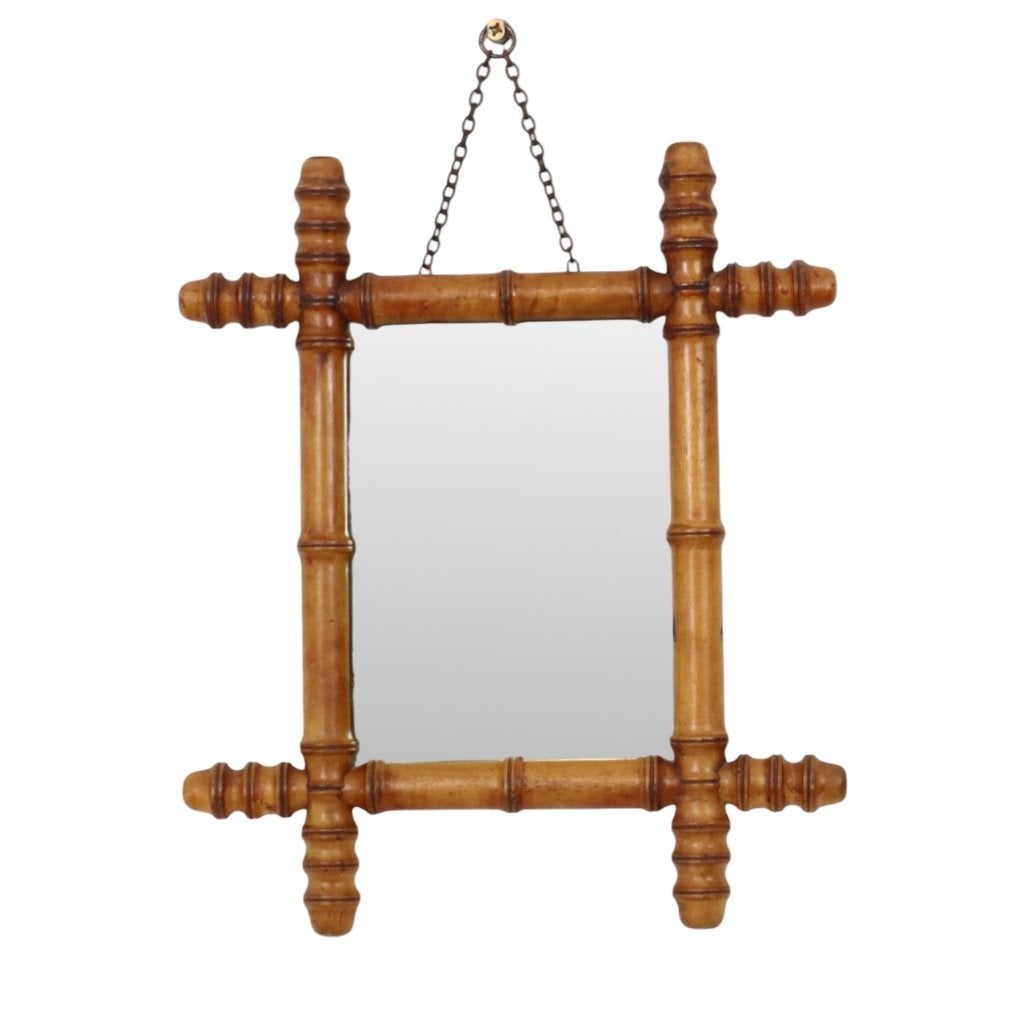 Antieke Houten Spiegel Faux Bamboe Chinoiserie 40x34cm, Ophalen of Verzenden, Rechthoekig, Minder dan 50 cm, Minder dan 100 cm