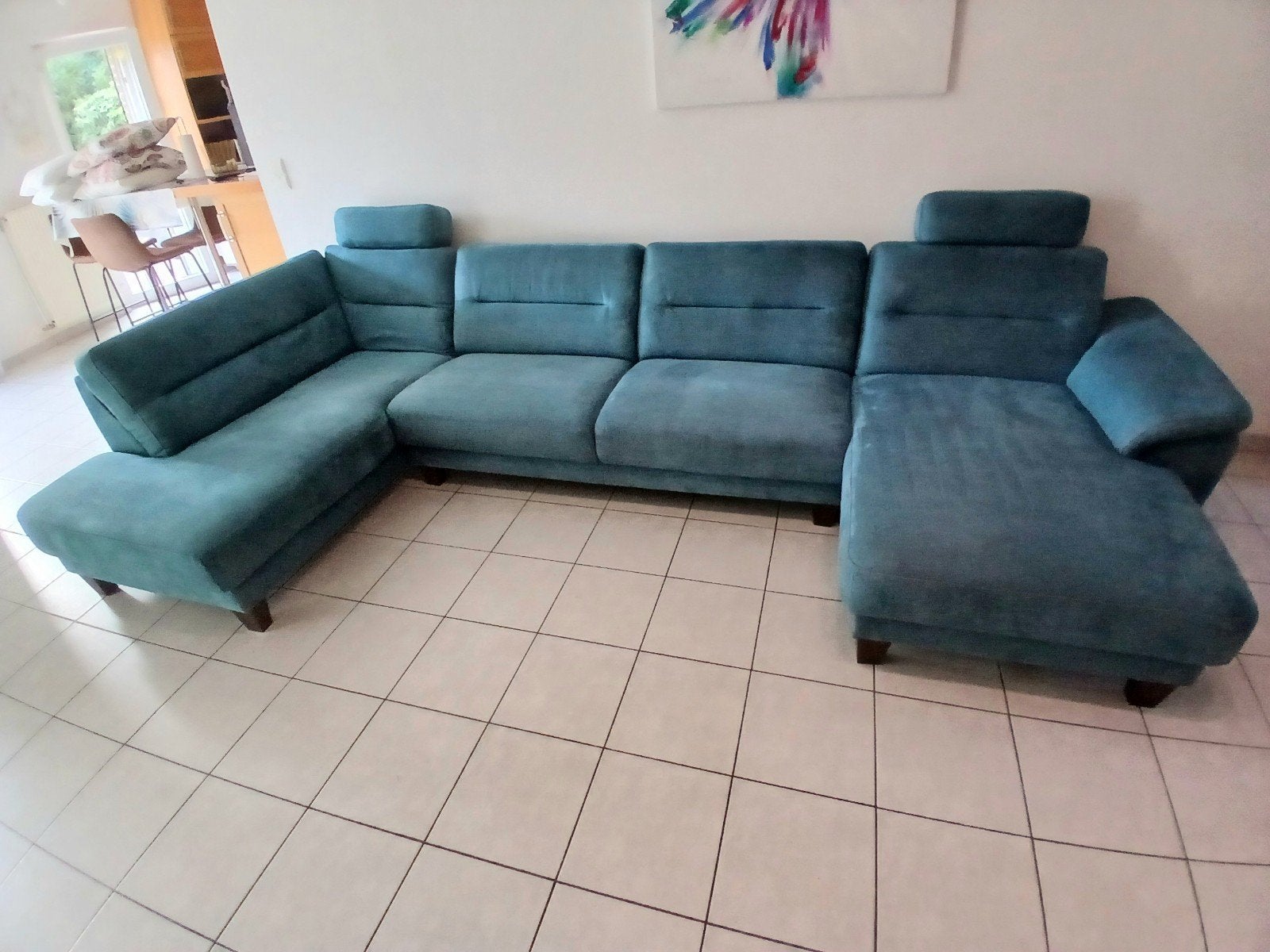 Grand canapé en U, en tissu bleu/vert/turquoise, confortable, Enlèvement, Utilisé, Tissus, Contemporain