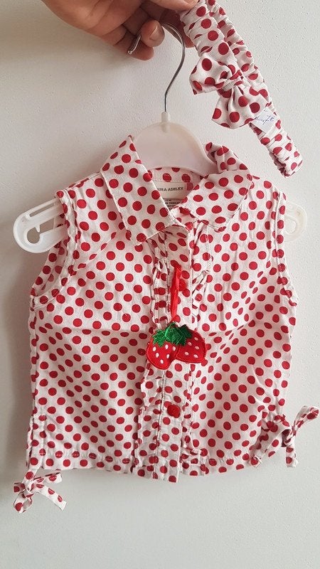 LAURA ASHLEY Blouse blanc, pois rouges + bandeau - T.12 mois, Enlèvement ou Envoi, LAURA ASHLEY, Utilisé, Chemisette ou Manches longues