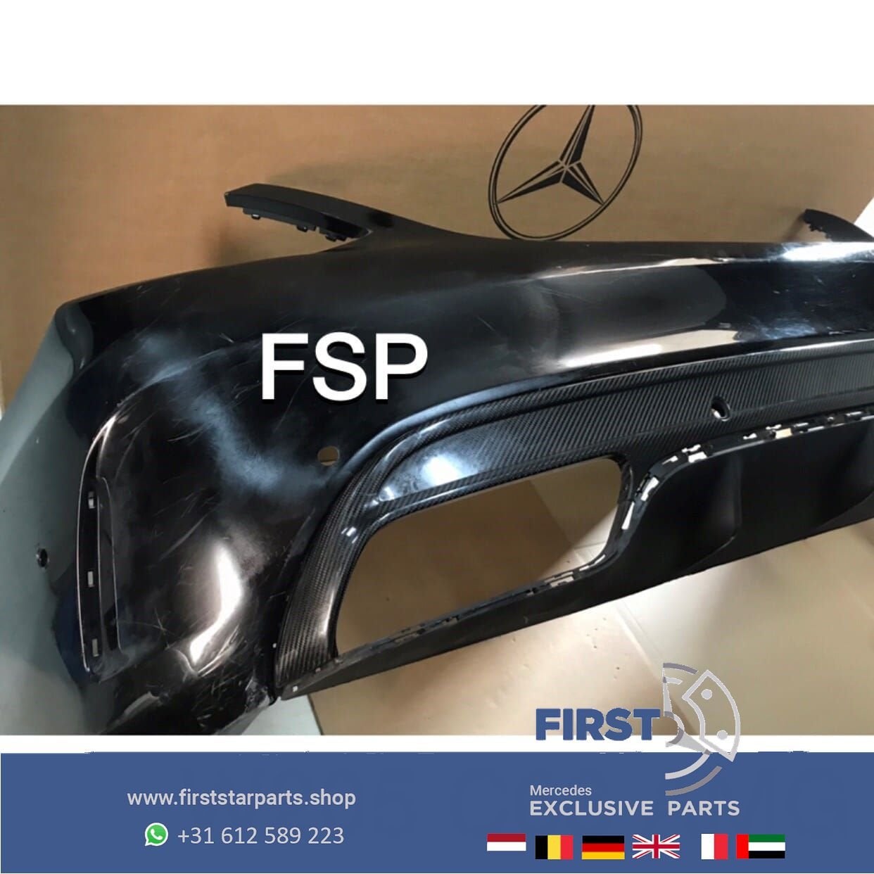 W205 C63 AMG ACHTERBUMPER + CARBON DIFFUSER ZWART ORIGINEEL, Gebruikt, -, Ophalen of Verzenden, Achter