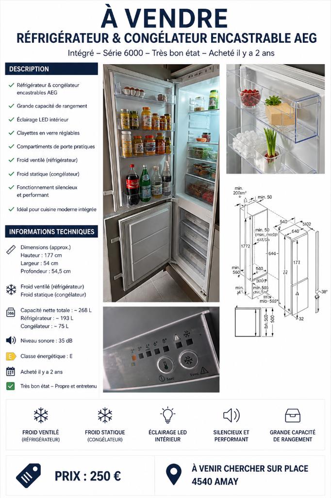 Frigo congélateur encastrable, Electroménager, Avec compartiment congélateur, 160 cm ou plus, Comme neuf, Enlèvement