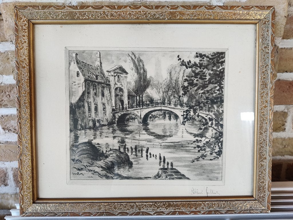 Albert Goethals - Brugge - Begijnhofbrug, 33 cm, Stadsgezicht, 27 cm, Ophalen of Verzenden