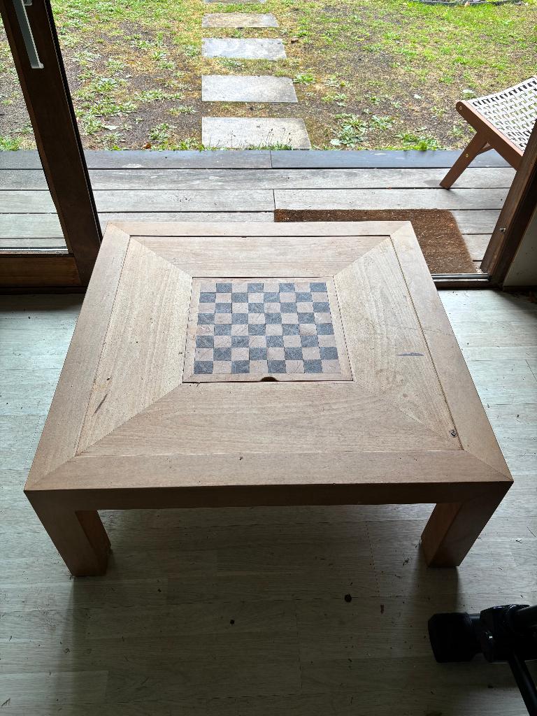 Salontafel met geïntegreerd schaakbord, Huis en Inrichting, Tafels | Salontafels, Ophalen, Gebruikt, 50 tot 100 cm, Vierkant