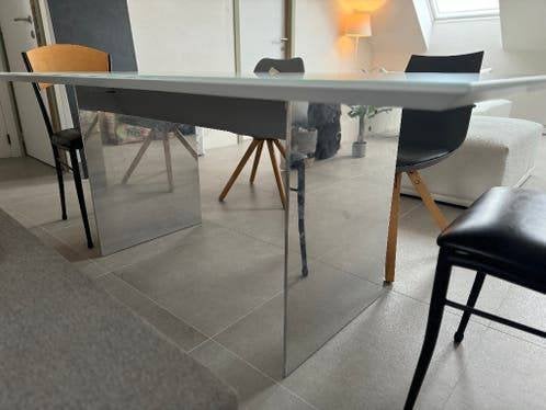 Tafel in getempered satijn glas - wit met chrome onderstel, Ophalen, Glas