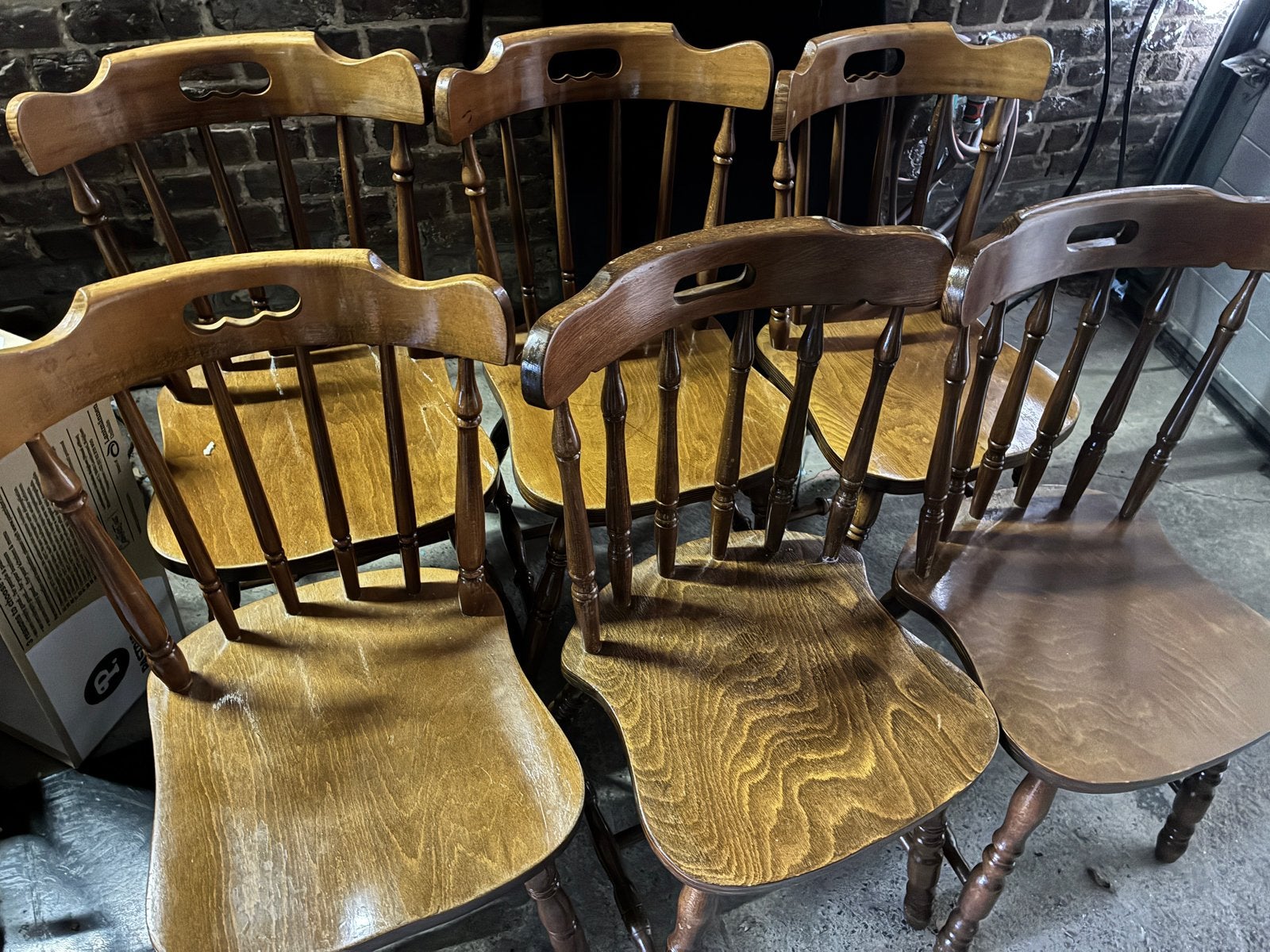 Set van 6 oerdegelijke houten caféstoelen / eetkamerstoelen, Ophalen, Gebruikt, Bruin, Vijf, Zes of meer stoelen