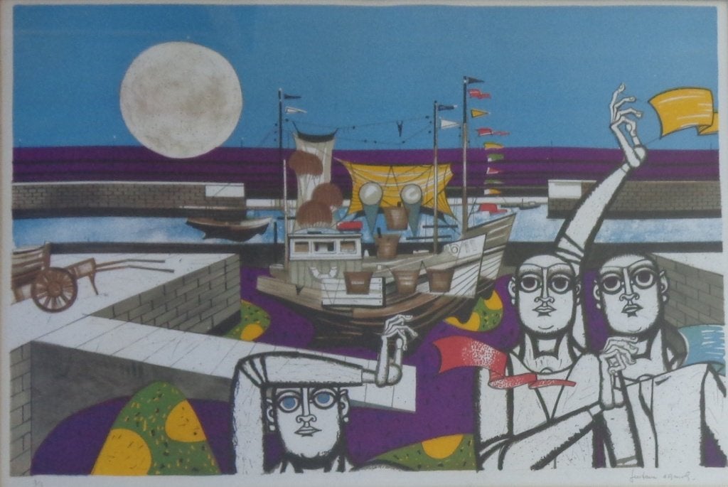 GUSTAVE CAMUS / HAVENZICHT / KLEURLITHO / 59x79cm / KADER, Enlèvement